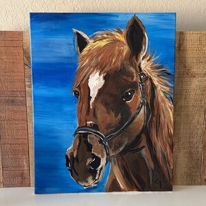 Original Hand painted Brown Horse Canvas Art with Blue Background Signed